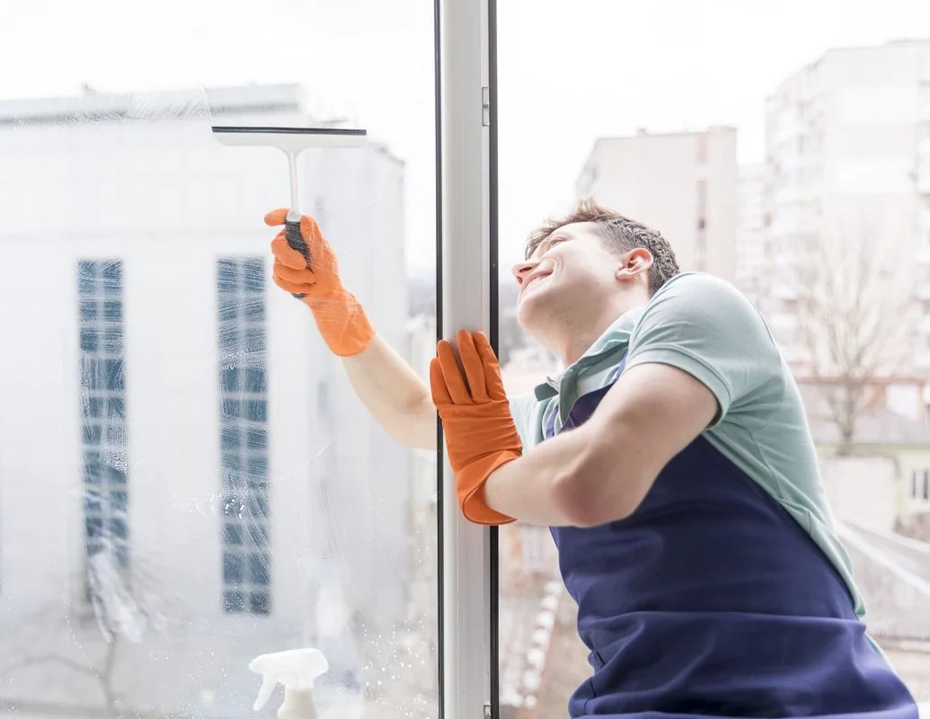 Person in orange gloves and apron using a squeegee to clean a window.
